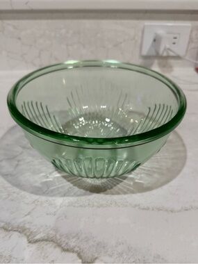 Vintage green glass bowl, identified as a Jeannette Glass mixing bowl